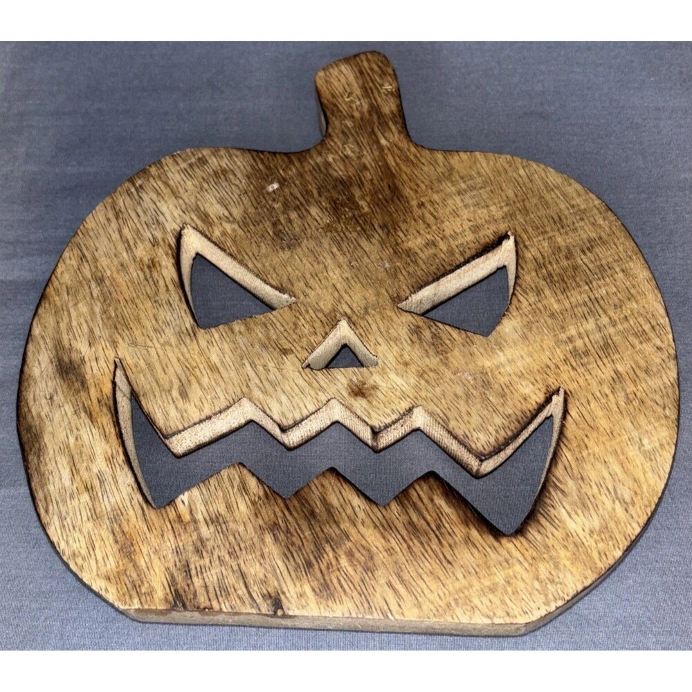Wooden Trivet Halloween Jack O Lantern Pumpkin Footed Hot Pad 8x8 Spooky